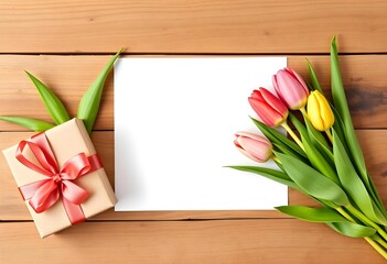 Blank greeting card mockup with tulips and gift box on wood background | Top view flat lay template for Mother's Day message or invitation | Spring flower bouquet and present box composition copy spac