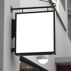 Blank square hanging store sign mockup template | Outdoor retail shop facade branding design | Perspective view illuminated lightbox signage | Luxury boutique cafe exterior wall mounted board