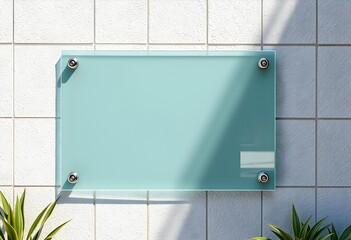 Blank glassy outdoor signage mock-up on brick wall | Modern architectural sign design outside building entrance | Frosted glass company nameplate placeholder template