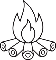 Campfire Night: A bold line art illustration depicts a simple campfire with flames, featuring two logs and stylized fire, perfect for outdoor themes
