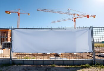 Blank white outdoor vinyl banner mockup on construction site fence | Large empty advertising hoarding sign template with space for copy | Tower crane and new building project background for corporate 