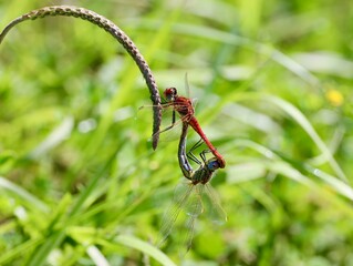 Pair of dragonflies mating on a plant stem