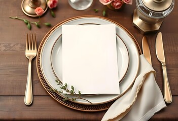 Elegant Wedding Menu Card Mockup on Ornate Plate | Top View Luxury Dinner Setting with Blank Invitation Template | Fine Dining Place Setting Mockup with Gold Cutlery and Pink Rose