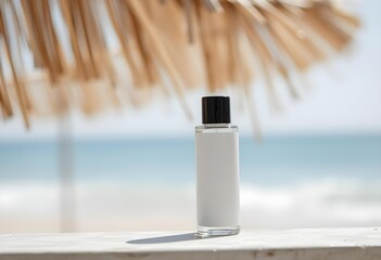 Blank cosmetic bottle mockup display on tropical beach setting | Luxury skincare product placement under straw umbrella shade | Unlabeled perfume bottle mockup for summer branding campaign | Minimalis