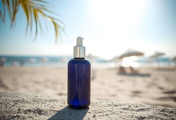 Dark blue cosmetic bottle on sandy beach foreground | Luxury serum pump dispenser mockup in summer light | Skincare product photography with blurred ocean background | Tropical palm leaf shadow over b
