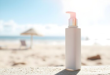 Frosted cosmetic pump bottle mockup for summer sunscreen | Minimalist skincare product placement on a tropical beach | Unlabeled lotion dispenser against blurred ocean background | Luxury sun protecti