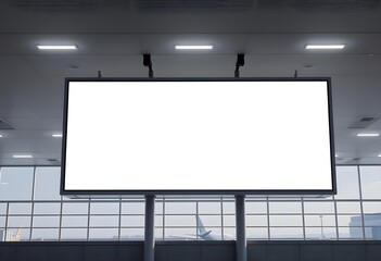 Blank horizontal billboard mock-up in modern airport terminal | Large white empty lightbox screen for indoor advertising display | Corporate branding placement in futuristic urban transit environment