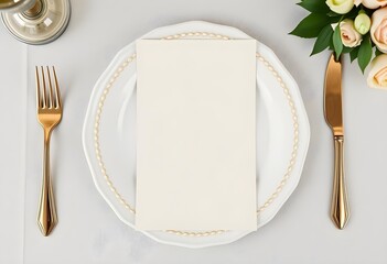 Elegant wedding menu card mockup on formal place setting | Overhead view of blank vertical invitation template on luxury dinner plate | Formal gold cutlery and rose centerpiece table setting design | 