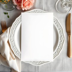 Elegant Wedding Menu Card Mockup on Ornate Plate | Top View Luxury Dinner Setting with Blank Invitation Template | Fine Dining Place Setting Mockup with Gold Cutlery and Pink Rose