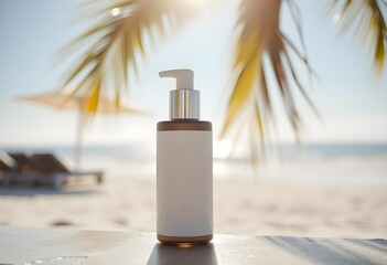 Blank cosmetic pump bottle mockup on tropical beach background | Sunscreen or lotion dispenser for summer skincare marketing | Luxury packaging product photography with palm shadows | Amber glass disp