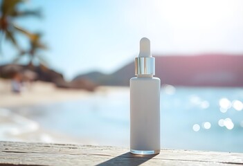Blank cosmetic dropper bottle mockup on wooden beach deck | Luxury white serum packaging product shot in summer sunlight | Minimalist skincare advertising display near blurred ocean water | Tropical b