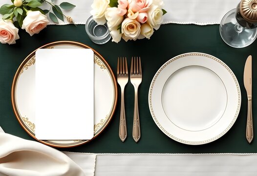 Elegant table setting flat lay with blank menu mockup and gold trim | Luxury wedding dinner invitation or RSVP card template on dark green cloth | Overhead view of fine dining place setting with blush
