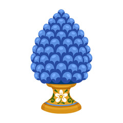 Traditional Sicilian pine cone ceramic symbol in blue with floral base in vector illustration style