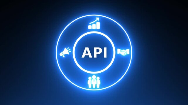 Neon Circle Diagram with Icons Representing API Growth Communication and Teamwork on Dark Blue Background