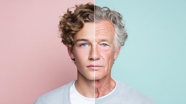 A man with one young half of face and another old .