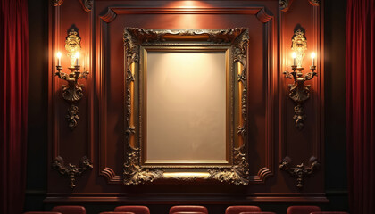 Ornate gold framed empty playbill on dark wood panel wall inside theater or opera house. Red velvet curtains flank ornate wall sconces illuminating plush seating area below.