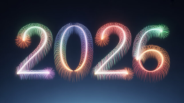 Bright and colorful fireworks spell out the year 2026 against a dark blue background, creating a festive and celebratory atmosphere for the upcoming year