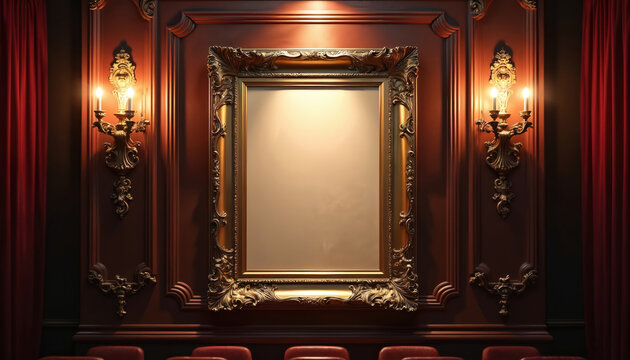 Ornate gold framed empty playbill on dark wood panel wall inside theater or opera house. Red velvet curtains flank ornate wall sconces illuminating plush seating area below. - Powered by Adobe