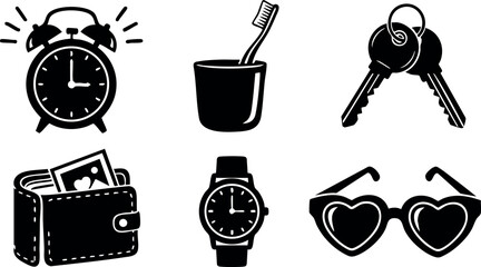 Black and white vector icons of alarm clock toothbrush keys wallet watch and heart sunglasses