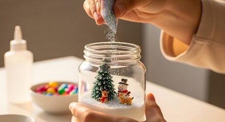 Creating a festive DIY snow globe with miniature holiday figurines and glitter for a touch of winter magic