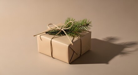 Thoughtfully wrapped minimalist gift box with natural fir branch and twine, casting a soft shadow on a warm beige background, perfect for rustic holiday celebrations or meaningful occasions