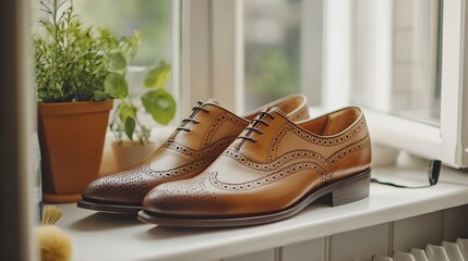 Brown leather brogue shoes with intricate perforations on a white windowsill