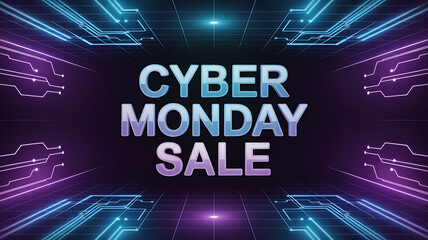 Cyber monday sale promotion with futuristic glowing neon lights and circuit board patterns on a dark background, advertising a special online shopping event