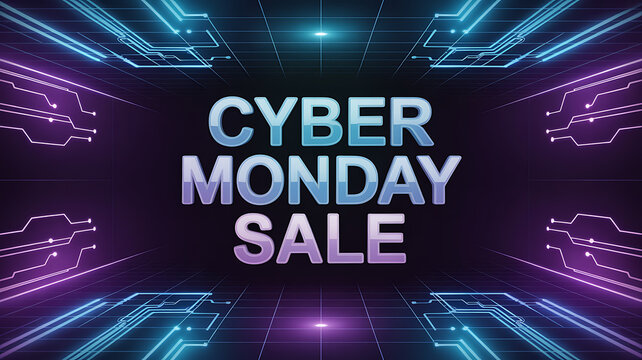 Cyber monday sale promotion with futuristic glowing neon lights and circuit board patterns on a dark background, advertising a special online shopping event - Powered by Adobe