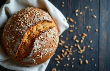 Round loaf of rye bread with sunflower and flax seeds on dark wood. Close up top view of crusty baked whole grain product ready for eating. Fresh healthy food.