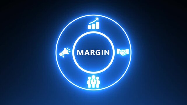 Neon Circle with Business Icons and the Word MARGIN in the Center on a Dark Blue Background margin