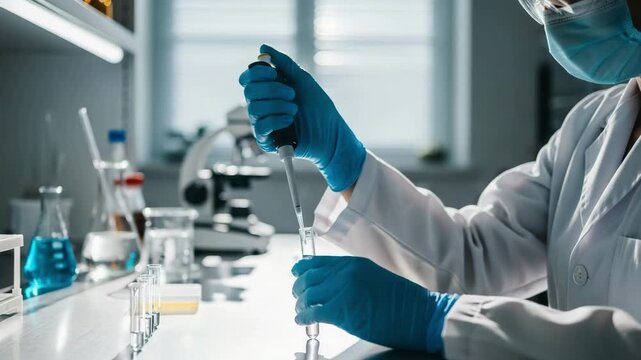 Scientist meticulously performs liquid handling experiment in bright modern laboratory with scientific equipment visible