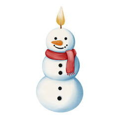 A snowman-shaped candle painted in soft watercolor with warm glow and gentle shading. Perfect for Christmas cards, winter decor, packaging, and festive designs.