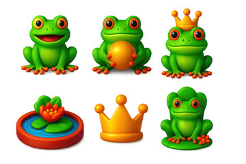 Fototapeta premium Frog Fairy Tale Icons. 3D icon set of fairy tale frogs: talking frog, golden ball frog, frog prince, enchanted pond, magic crown,