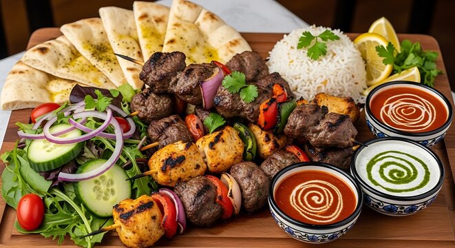 Delicious mixed grill platter with kebabs rice and salad