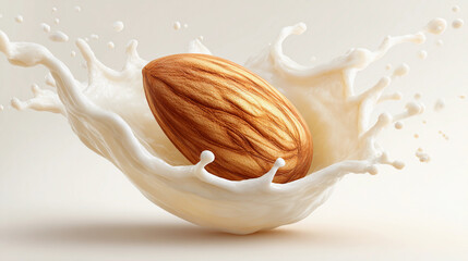 Closeup of an almond falling into a splash of milk, creating a dynamic and visually appealing composition isolated on white background