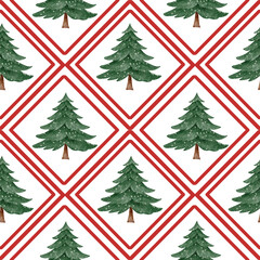 Fototapeta premium Seamless pattern with hand-painted Christmas trees framed by red geometric lines. Watercolor style, soft and festive. Perfect for wrapping paper, textiles and holiday decor.