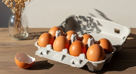 Brown eggs in carton with eggshell fragment and dried flowers
