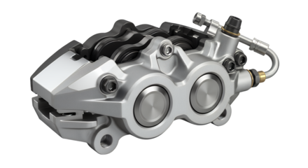 Detailed view of a modern automotive disc brake caliper, an essential high-performance vehicle component for superior stopping power, precisely isolated on a clean transparent background