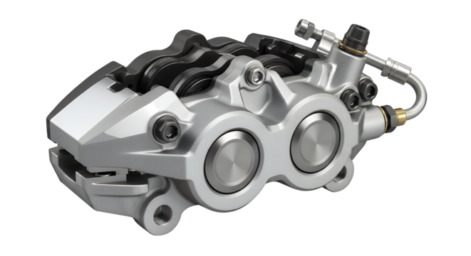 Detailed view of a modern automotive disc brake caliper, an essential high-performance vehicle component for superior stopping power, precisely isolated on a clean transparent background