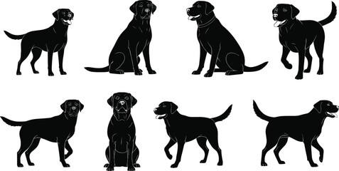 dog, Labrador, silhouette, pet, animal, black, sitting, standing, walking, posture, tail, profile, pose, design, illustration, breed, stylized, nature, side, template