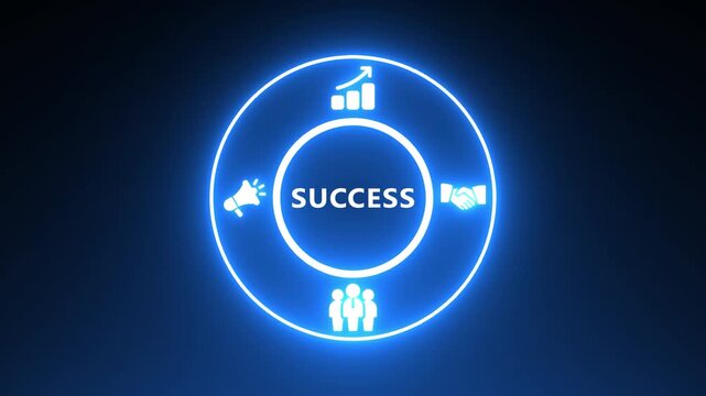 Neon Circle Diagram with Business Icons and the Word SUCES for Growth Marketing Teamwork and Strategy