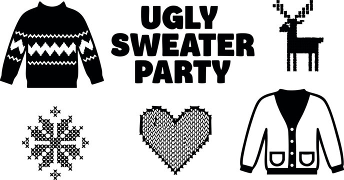 Ugly sweater party design with winter reindeer snowflake heart and cardigan vector illustration
