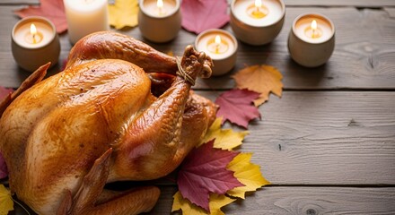 Roasted turkey on wooden table with autumn leaves and candles with space for text. 