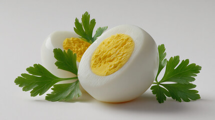 Halved boiled egg with parsley isolated on white background, showcasing its vibrant yellow yolk and smooth white texture, a nutritious breakfast option