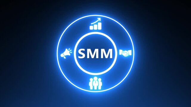 Neon Circle with SM Icons and Text on Dark Blue Background social media marketing digital marketing