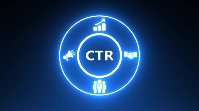 Neon Circle with CTR Icons and Text on Dark Blue Background click through rate digital marketing