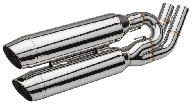 Shiny chrome high-performance dual exhaust pipes, a sleek vehicle accessory with metallic luster and detailed craftsmanship, isolated on a clean transparent background
