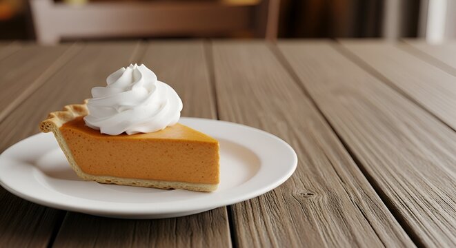 Slice of pumpkin pie topped with whipped cream on wooden table with space for text. 