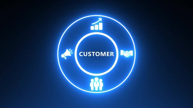 Neon Circle Diagram Focusing on Customer Relations with Icons and Text client business