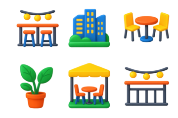 Urban Rooftop Cafe Icons. 3D icon set of urban rooftop cafe elements: railing seating, ambient lights, city views, bistro tables,